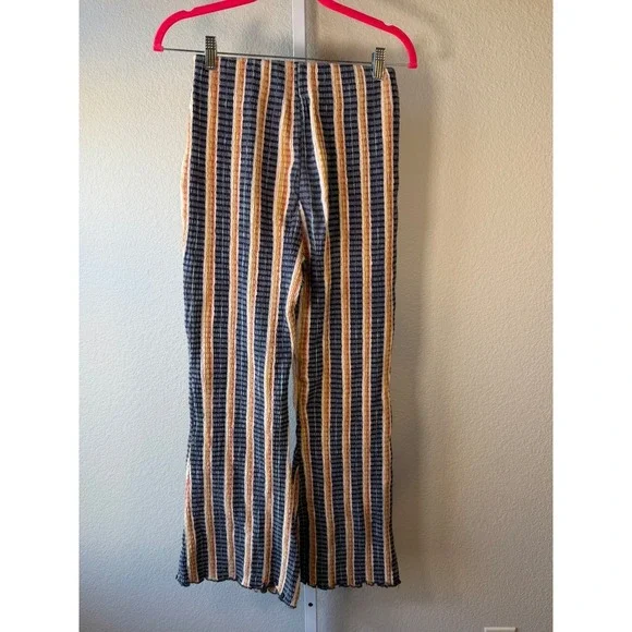 Free People XS Striped Flare Pants Blue Orange Textured High Waist Boho Retro - Picture 6 of 10